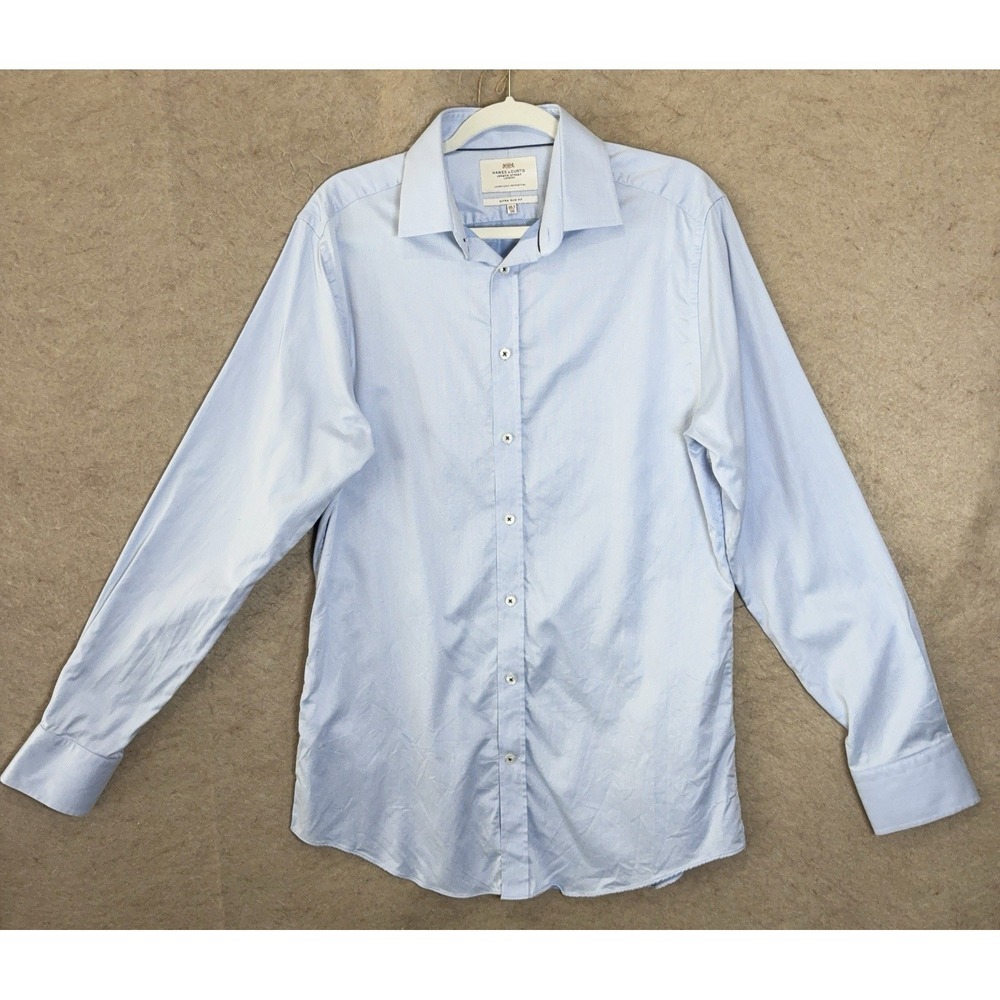 Hawes & Curtis Dress Shirt Mens 16.5 / 36 Blue Solid Extra Slim Fit 2 Ply Cotton